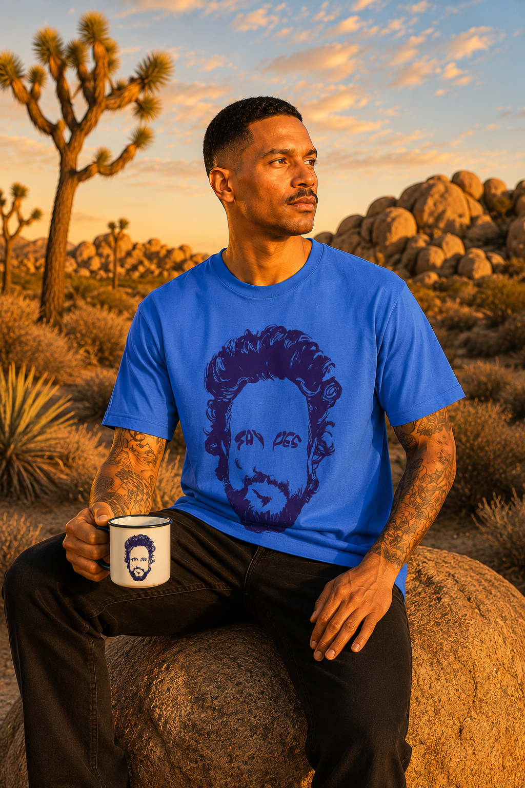 Ancient Astronaut Theorists SAY YES Giorgio Tsoukalos T-shirt | Lenny's After Dark | AS Colour Classic Tee in Blue | SAY YES hidden joke in the eyes | Joshua Tree