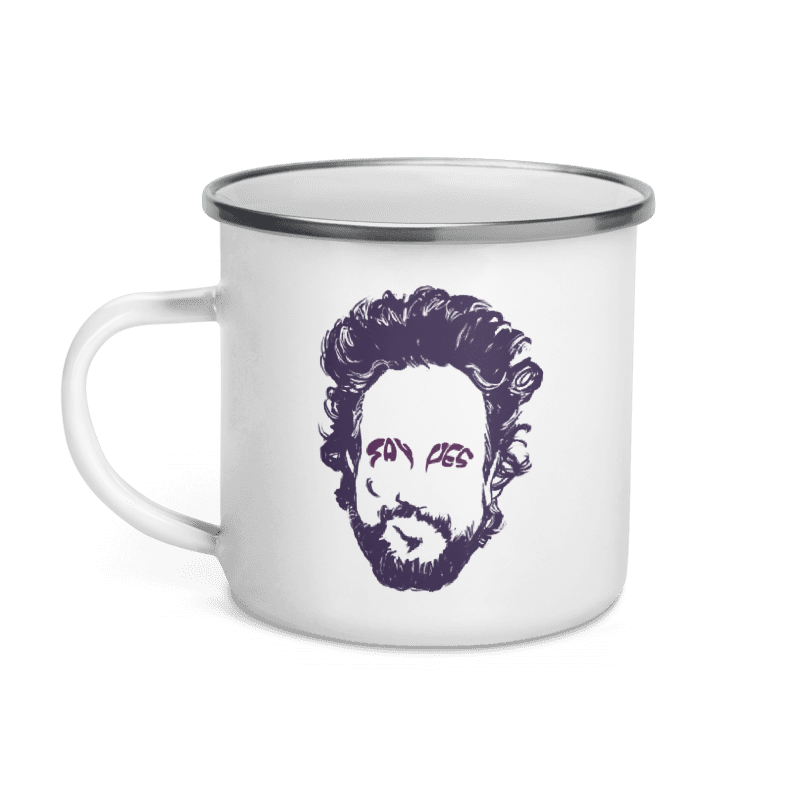 White enamel camp mug featuring the SAY YES Ancient Astronaut Theorists illustration by Lenny's After Dark.