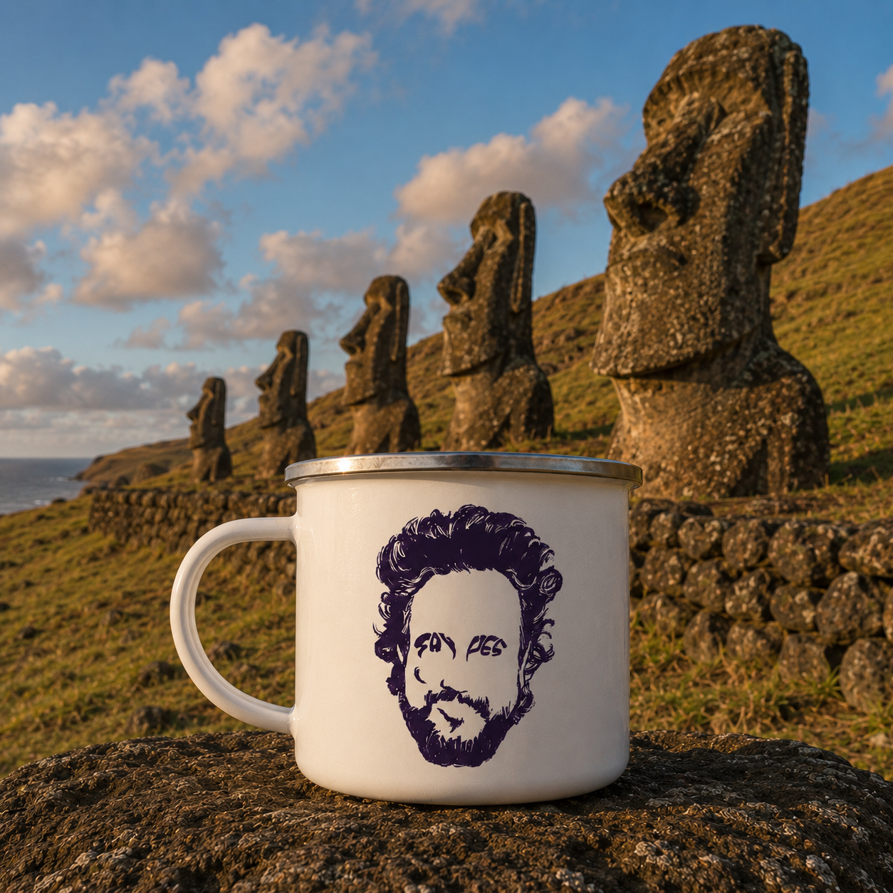 Ancient Astronaut Theorists SAY YES Giorgio Tsoukalos Enamel Camp Cup | Lenny's After Dark | Easter Island Mori