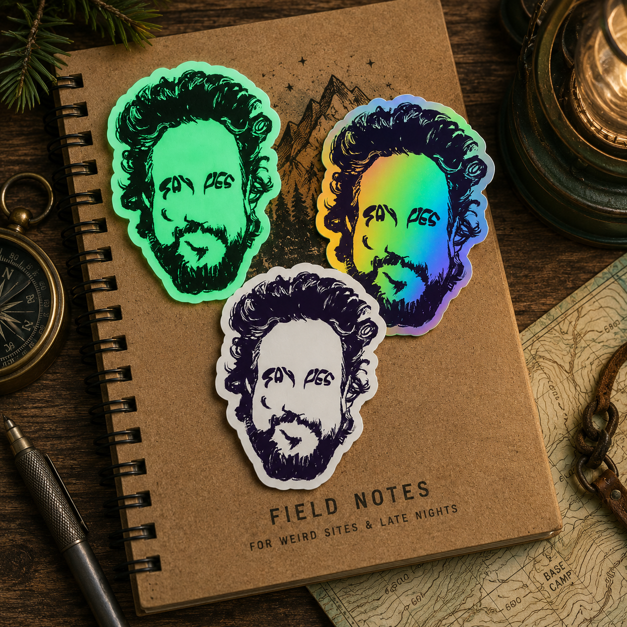 Ancient Astronaut Theorists SAY YES vinyl sticker 3-pack in matte, holographic and glow-in-the-dark finishes featuring an illustrated portrait inspired by Giorgio Tsoukalos from Ancient Aliens.