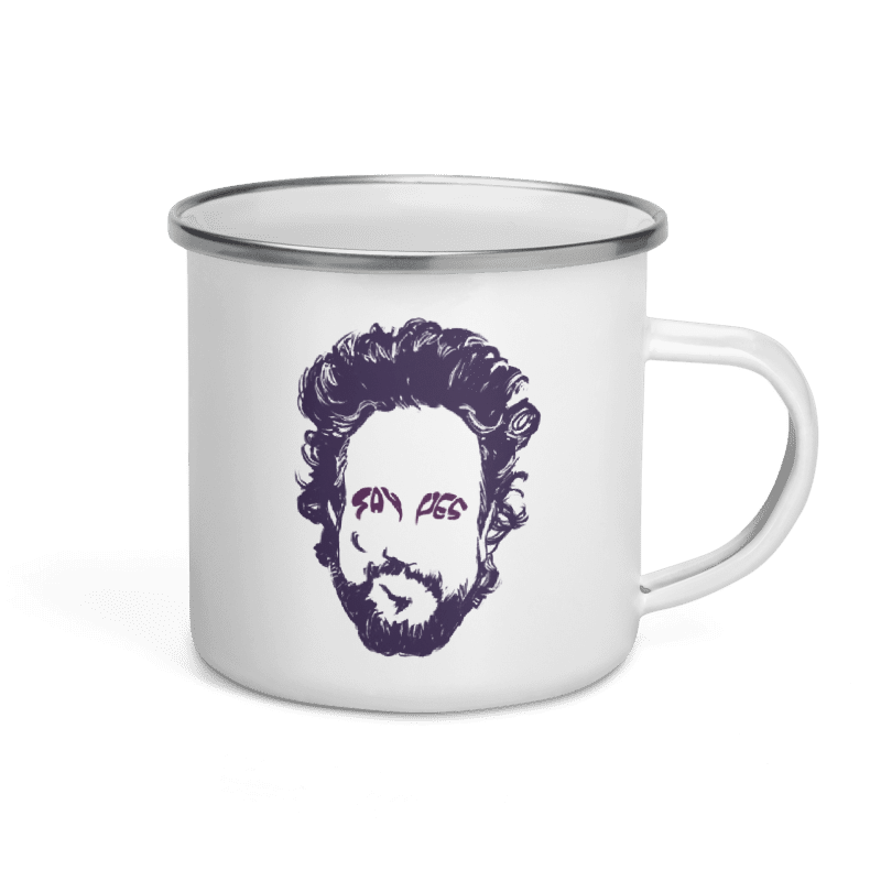 White enamel camp mug featuring the SAY YES Ancient Astronaut Theorists illustration by Lenny's After Dark.