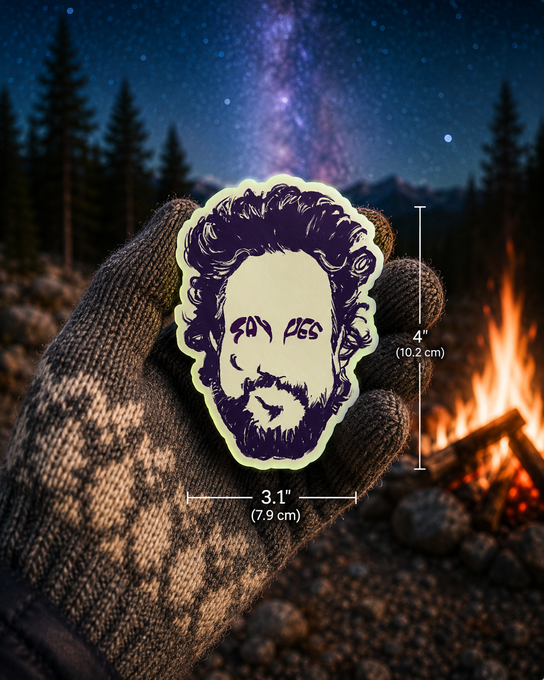 Ancient Astronaut Theorists SAY YES vinyl sticker 3-pack in matte, holographic and glow-in-the-dark finishes featuring an illustrated portrait inspired by Giorgio Tsoukalos from Ancient Aliens.