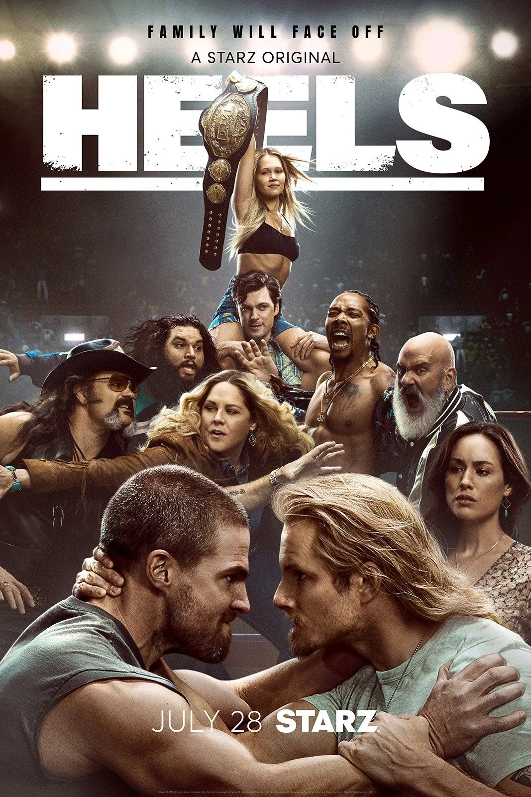 Promotional poster for the STARZ series 'Heels' featuring two men facing each other in a wrestling match, surrounded by a diverse group of people including a woman holding a championship belt, highlighting a wrestling theme.