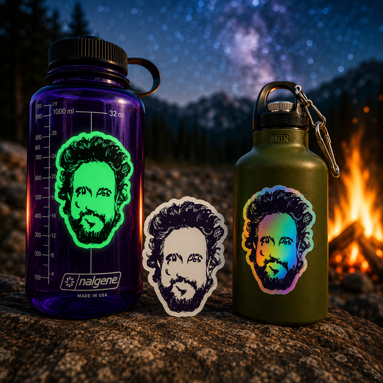 Three SAY YES vinyl stickers in matte, holographic and glow-in-the-dark finishes featuring an illustrated portrait inspired by Giorgio Tsoukalos from Ancient Aliens.