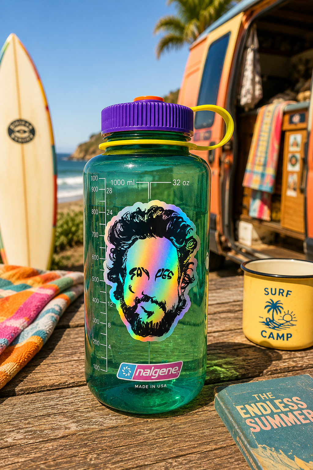 Holographic SAY YES vinyl sticker with rainbow reflective finish and illustrated portrait inspired by Giorgio Tsoukalos. Nalgene Sticker