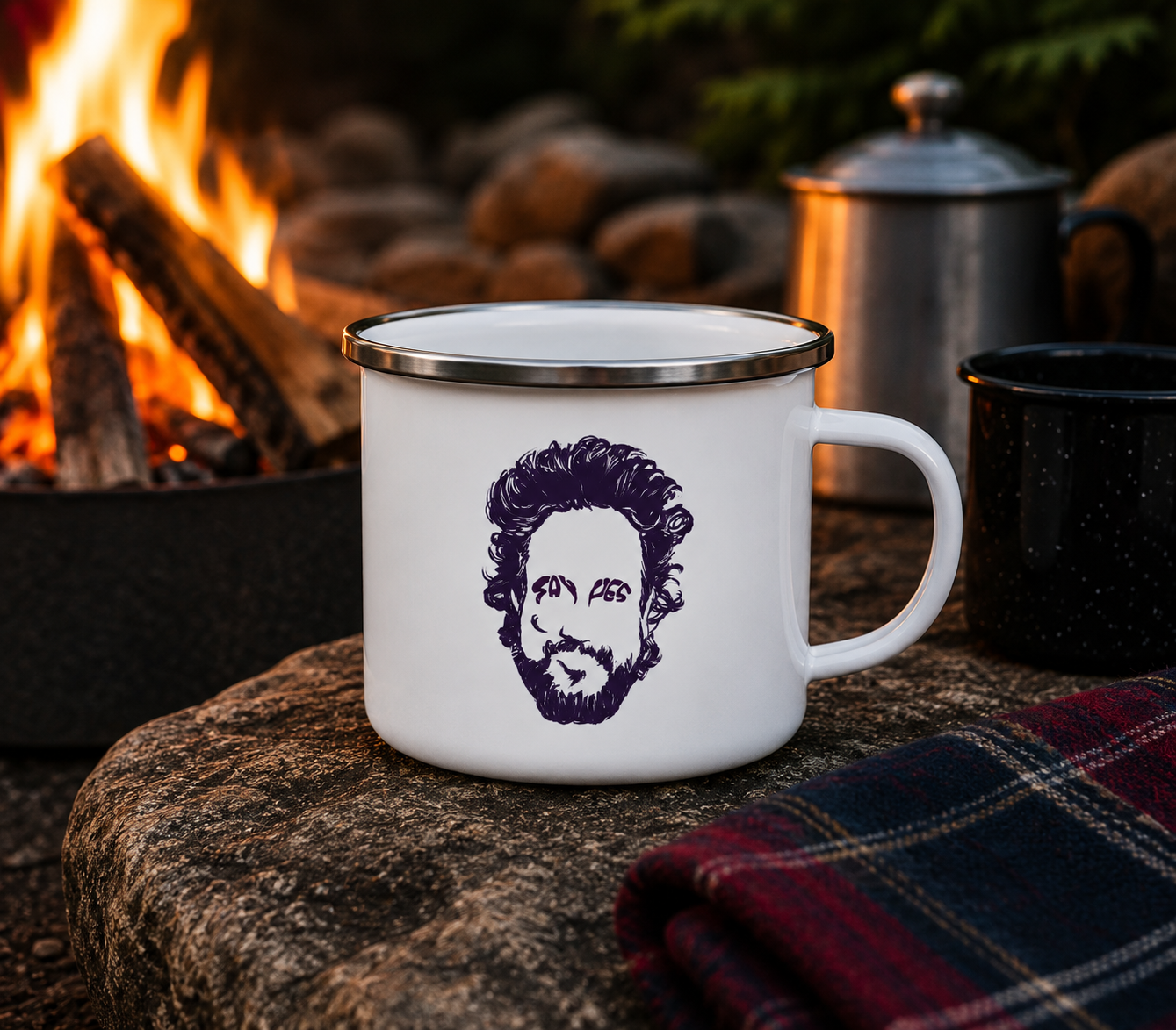 SAY YES enamel camp mug by Lenny's After Dark featuring an original illustration celebrating Ancient Aliens and cult classics.