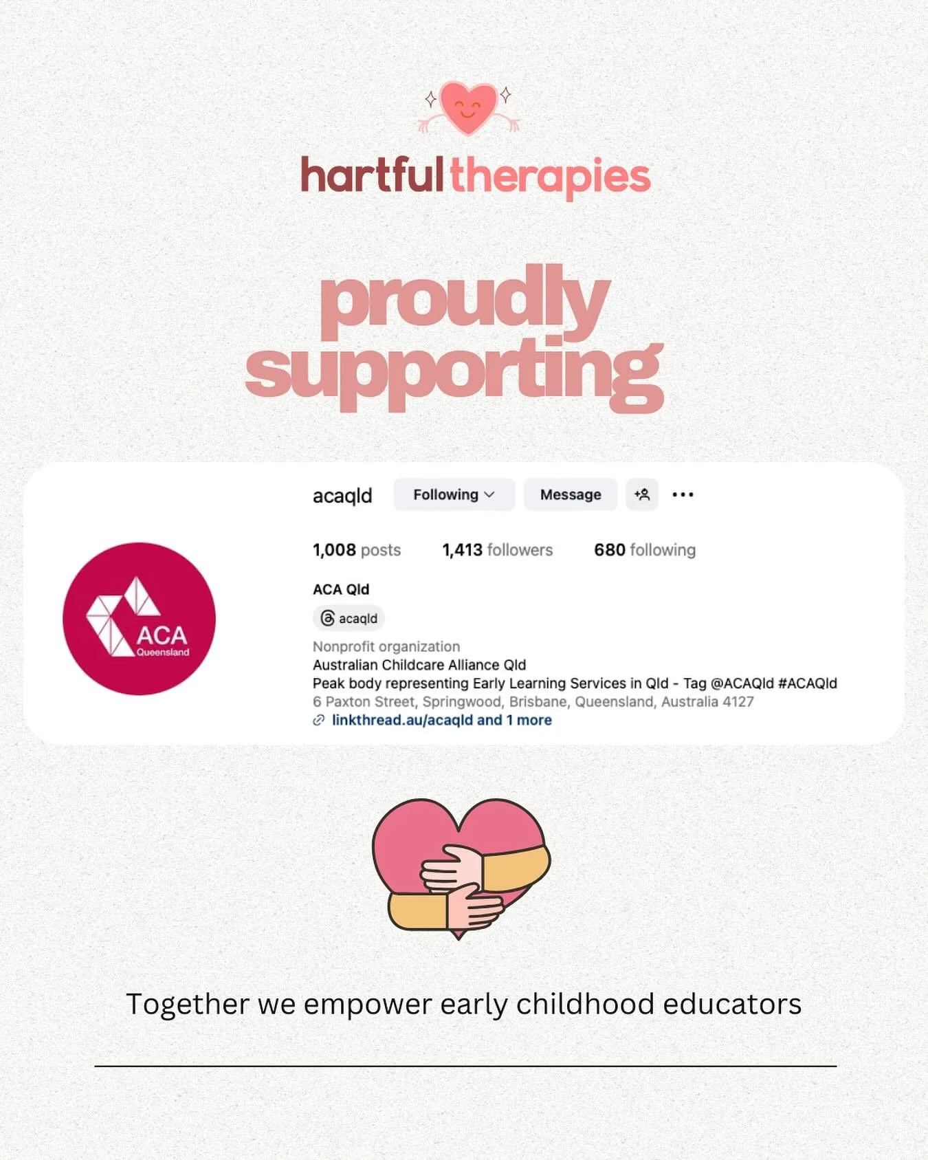 We&rsquo;re so excited to share that Hartful Therapies is now a proud supporting member of the Australian Childcare Alliance &ndash; QLD 💜

The @acaqld represents and supports thousands of early childhood education and care services across the state