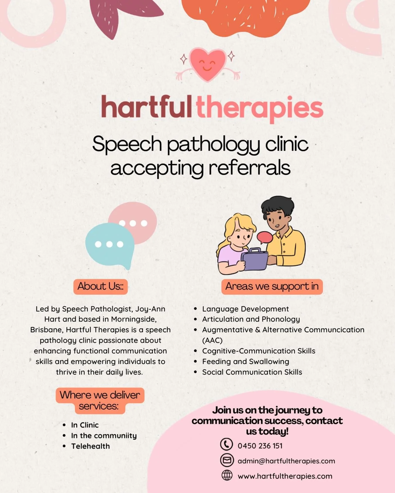 ✨ Now accepting referrals ✨

At Hartful Therapies, we support children and families to build meaningful, functional communication skills that carry over into everyday life 🤍

From first words to clearer speech, social connection and beyond, we&rsquo