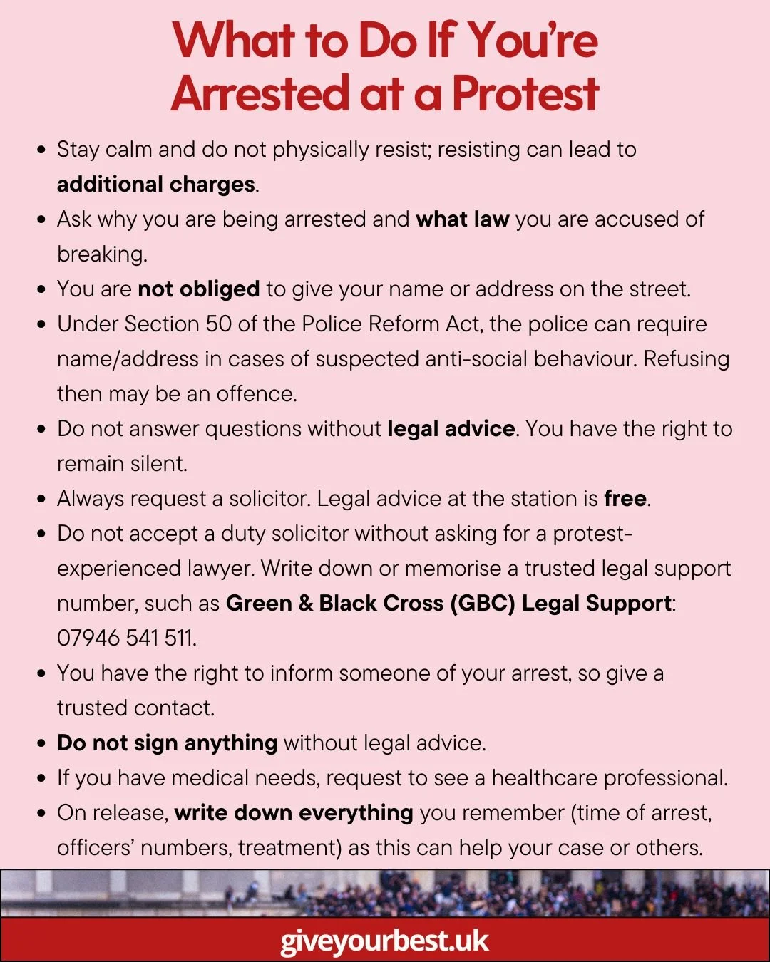 If you&rsquo;re arrested at a protest, knowing your rights can help protect you. Stay calm and don&rsquo;t answer questions without legal advice. 

Here&rsquo;s a step-by-step guide to help you be prepared. #KnowYourRights #ProtestSafely