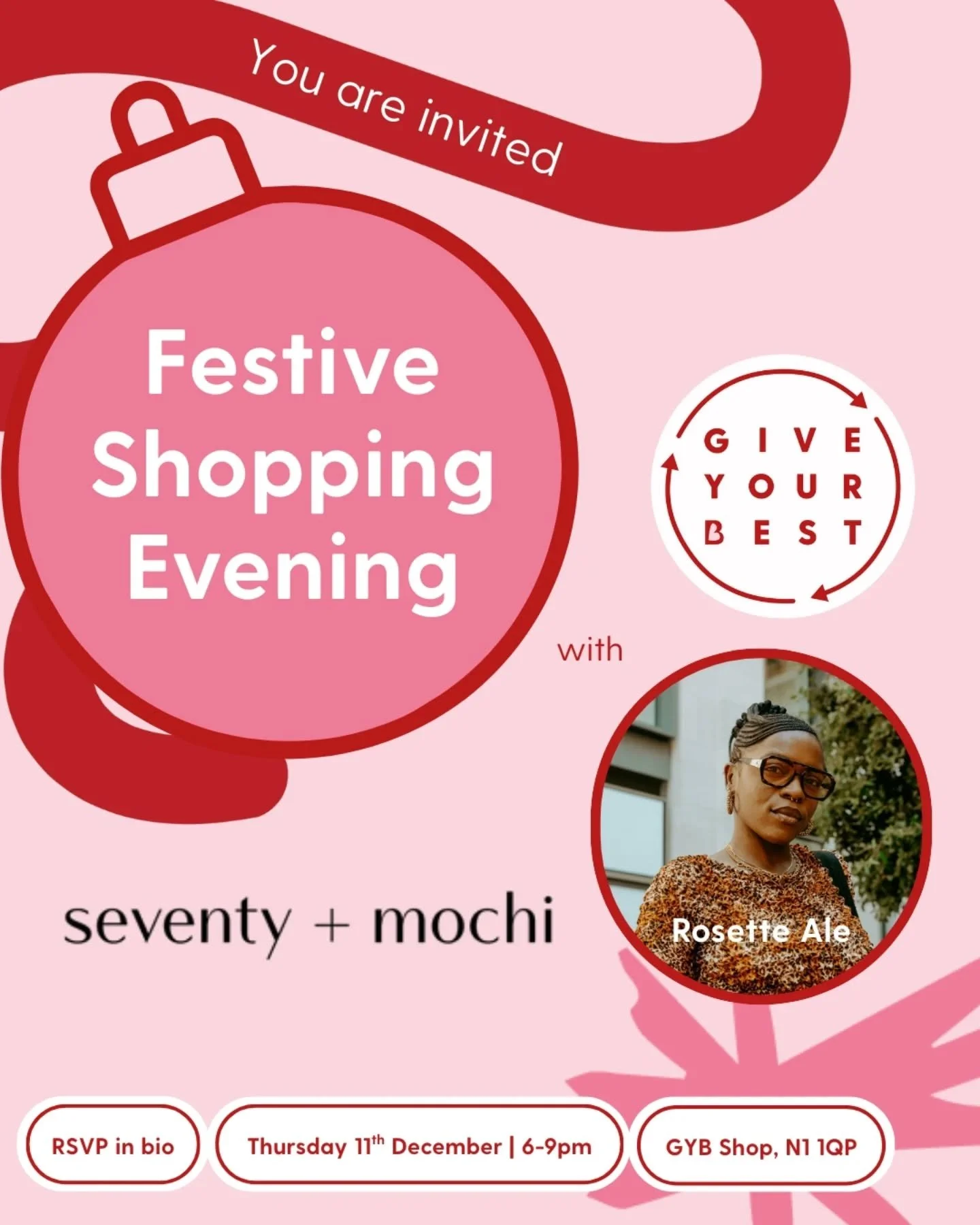 Join us on Thursday 11th December for a festive shopping night in support of tackling clothing poverty, with incredible discounts of up to 80% off your favourite brands!

Give Your Best, Seventy + Mochi, and Rosette Ale invite you to a special Decemb