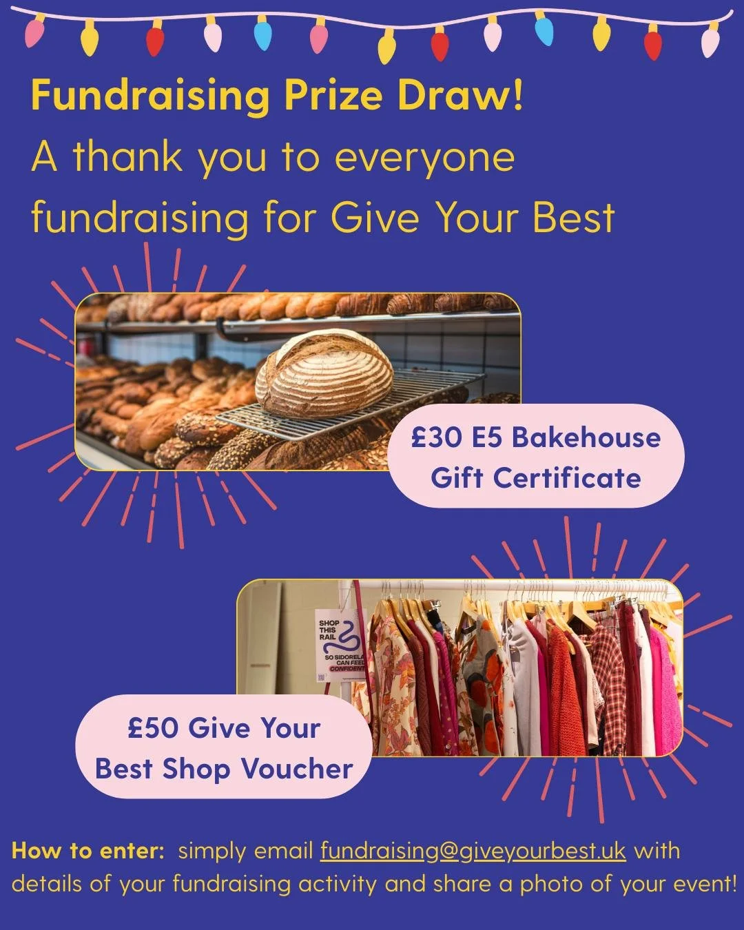 Thinking of fundraising for us this festive season?

We're running a special prize draw to thank everyone who fundraises on our behalf! Here's what you could win:

🍞 @e5bakehouse &pound;30 Gift Certificate 
Perfect for bread lovers! Use it towards t