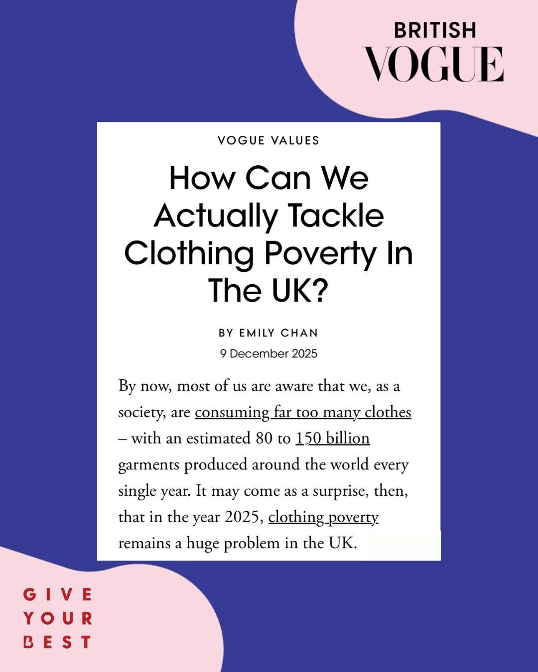 Despite the fact that we send hundreds of thousands of clothing items to landfill each year, you may be shocked to learn that clothing poverty is still a massive issue in the UK. 

A big thank you to @chan_ely and @britishvogue for featuring @sol.esc