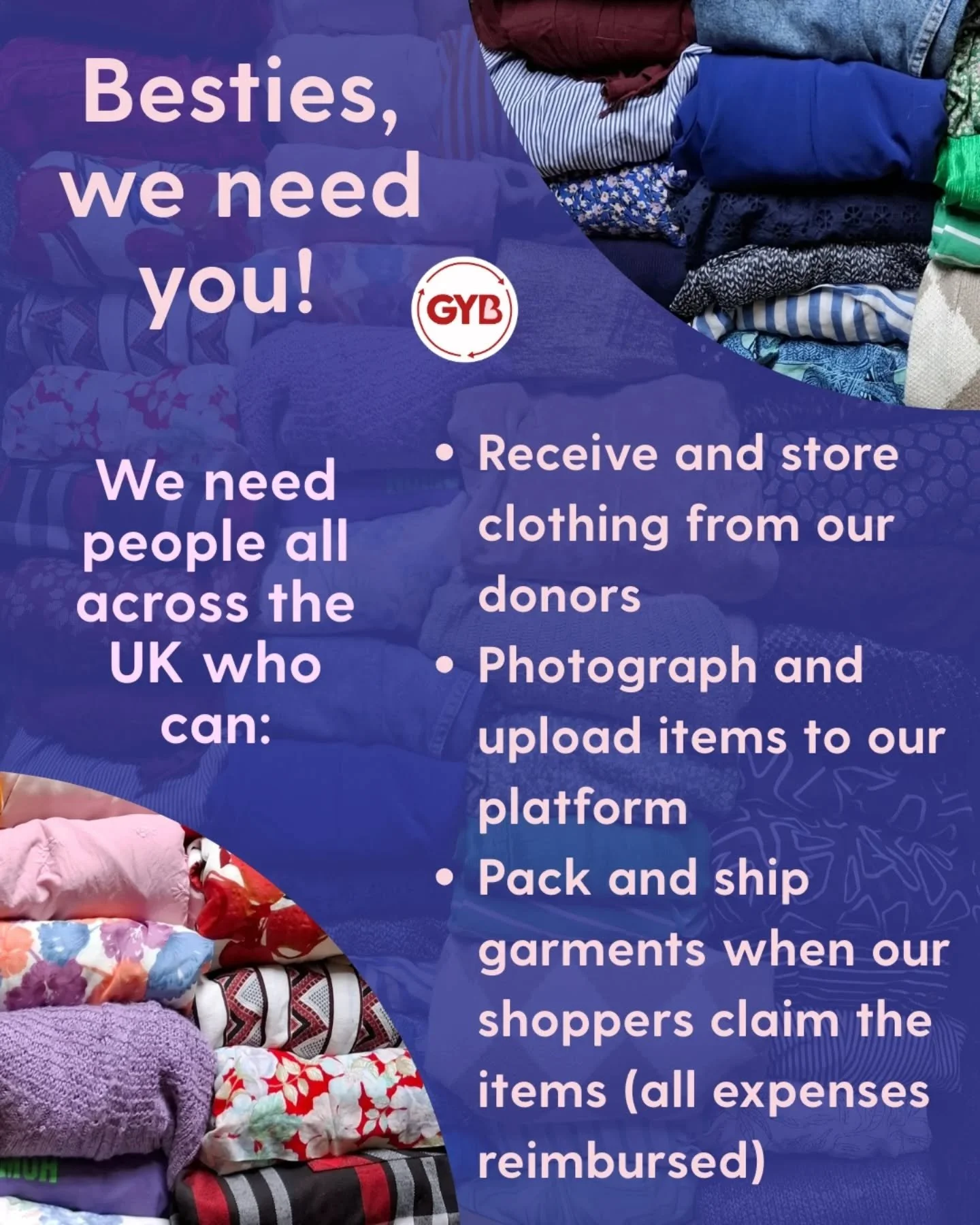 We need people from all corners of the UK to join our team of Besties!

As a Bestie volunteer, you&rsquo;ll receive donations of clothing from our donors who aren&rsquo;t able to process these themselves. You&rsquo;ll then upload these to our online 