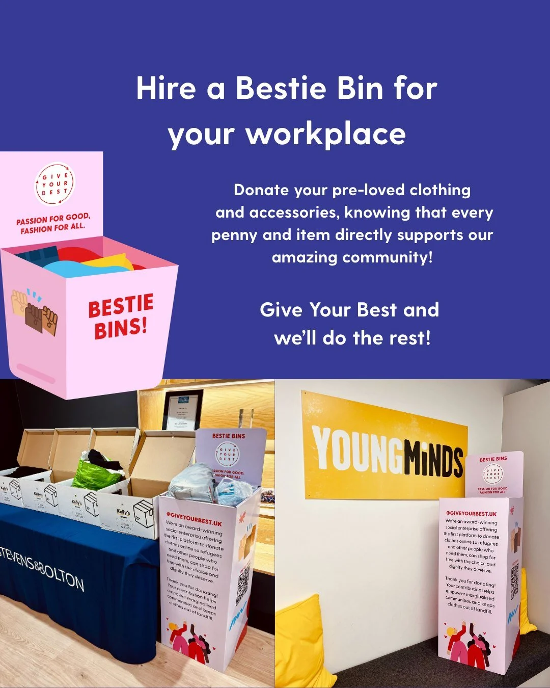 Host a Bestie Bin at your workspace to collect preloved items for the GYB community!

Bestie Bins are a super convenient way to donate pre-loved clothing, and will help people experiencing clothing poverty in the UK.

🤝 If you&rsquo;re a business an