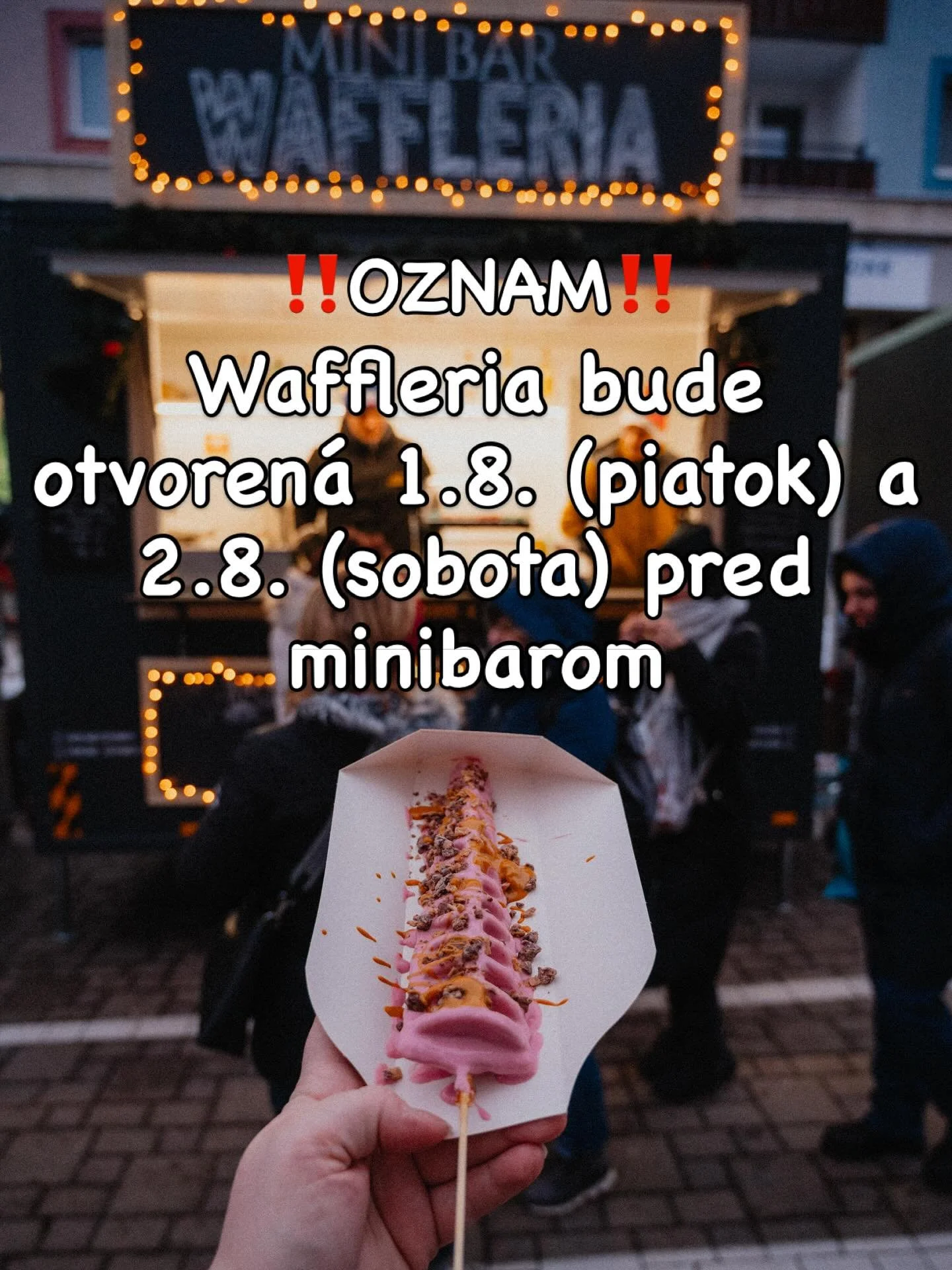 🍓 WAFFLERIA tento piatok a sobotu pred MINIBAROM!
Pr&iacute;ď si po voňav&eacute; waffle &ndash; čerstv&eacute;, chrumkav&eacute;, poliate t&yacute;m, čo m&aacute;&scaron; najrad&scaron;ej. Sladk&aacute; pauza, ktor&uacute; si zasl&uacute;ži&scaron;