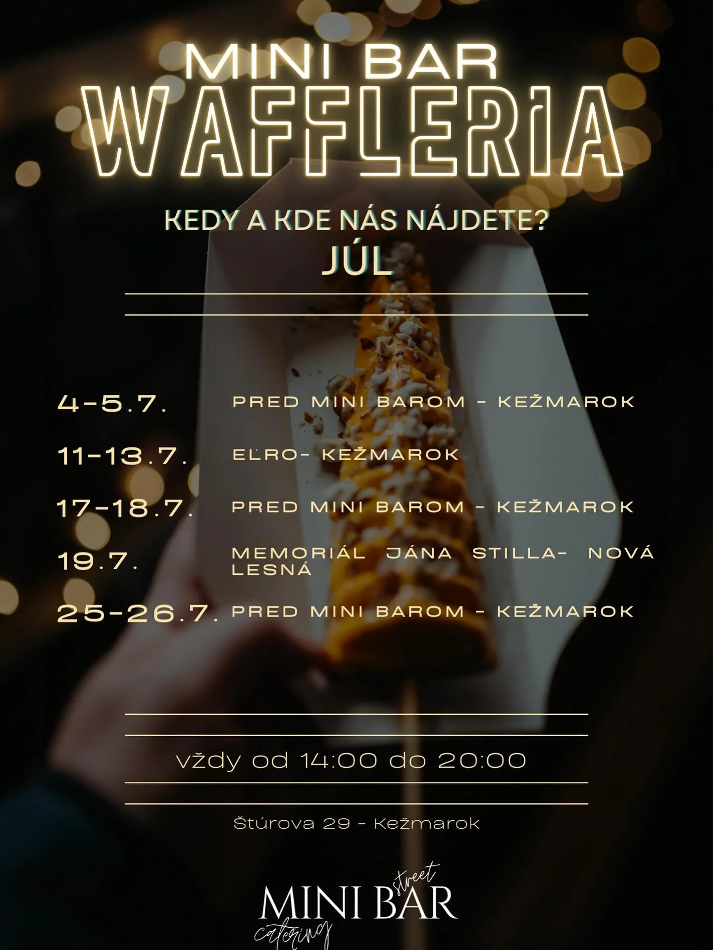 🥳 WAFFLERIA &ndash; Kde n&aacute;s n&aacute;jdete v j&uacute;li? 🧇✨

➡️ 4.-5.7. &ndash; pred Mini Barom Kežmarok
➡️ 11.-13.7. &ndash; EĽRO Kežmarok
➡️ 17.-18.7. &ndash; pred Mini Barom Kežmarok
➡️ 19.7. &ndash; Memori&aacute;l J&aacute;na Stilla No