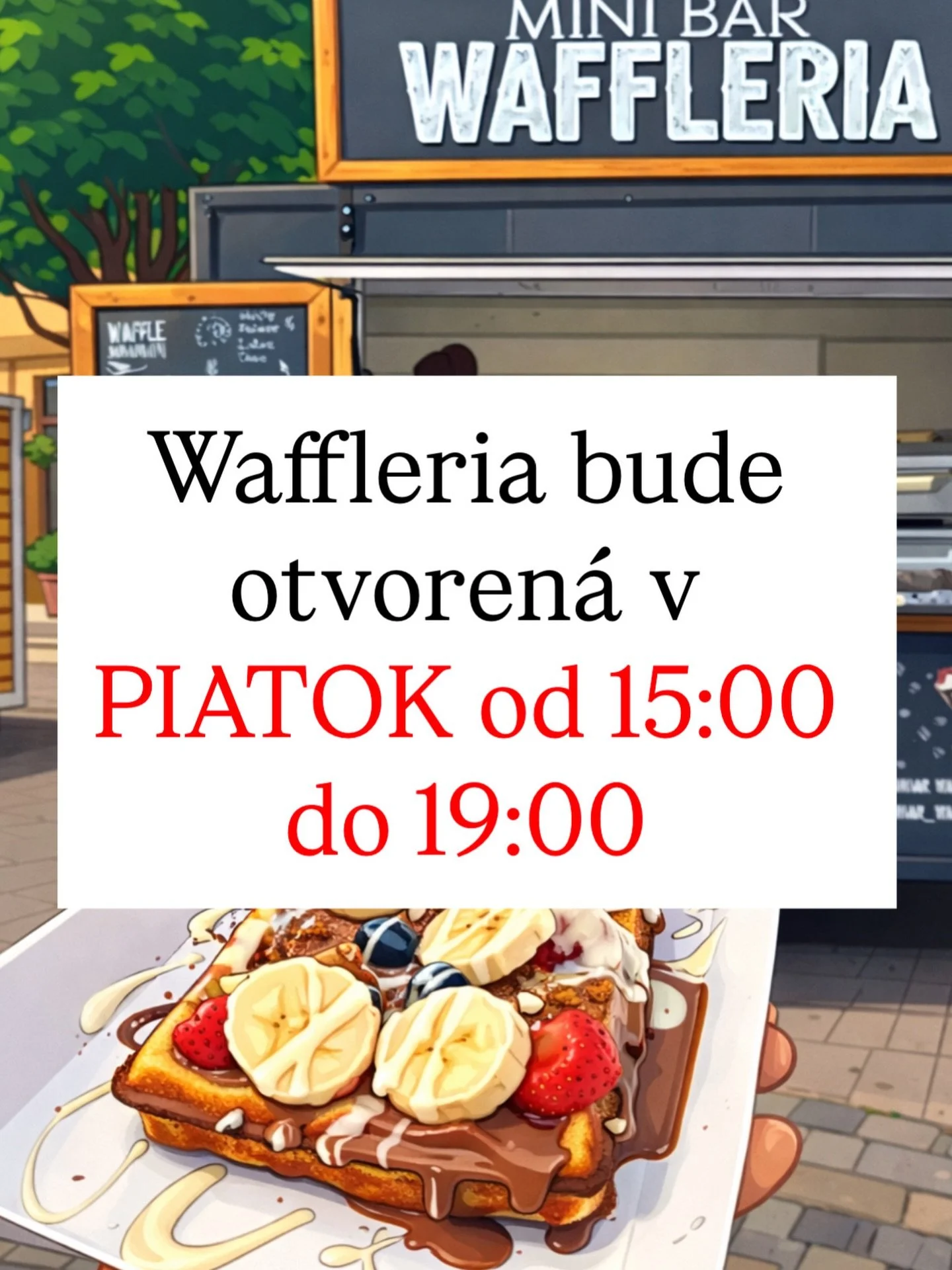 Zajtra (piatok) 10.4. bude Waffleria op&auml;ť otvoren&aacute;!
Čak&aacute;me v&aacute;s od 15:00 do 19:00 s va&scaron;imi obľ&uacute;ben&yacute;mi wafflami pln&yacute;mi sladk&yacute;ch dobr&ocirc;t. 🧇🍓🍌

Pr&iacute;ďte si dať niečo sladk&eacute;,