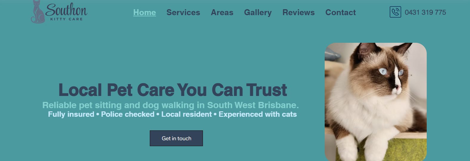 Pet sitting and dog walking website design for Southon Kitty Care in Brisbane