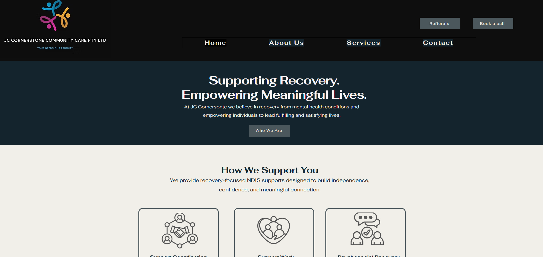 Homepage of JC Cornerstone Community Care website with a colorful logo, main navigation menu, and a message about supporting recovery and empowering lives.