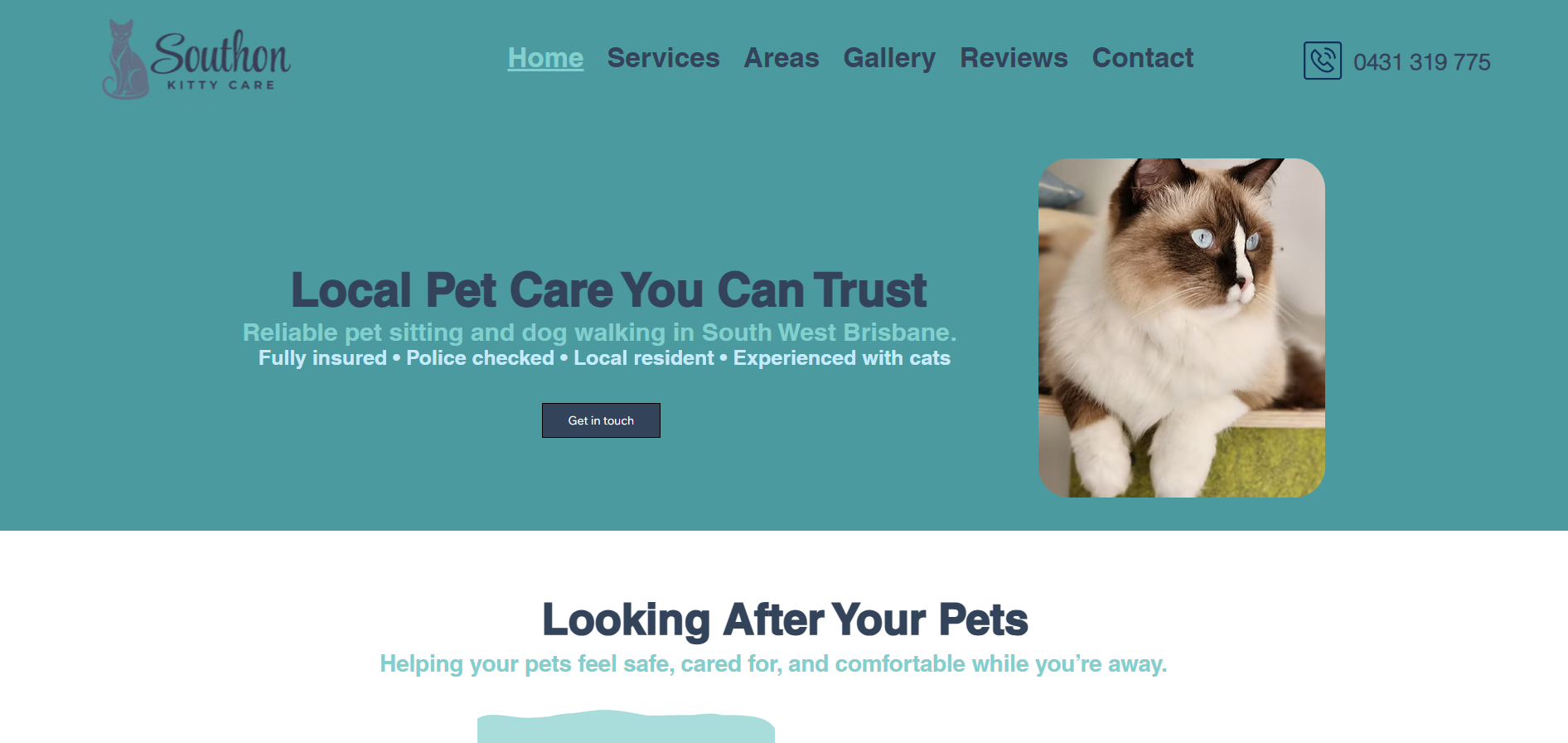 Homepage of Southon Kitty Care website with a photo of a cat, navigation menu, and contact info.