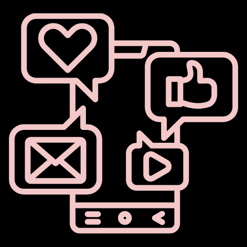 Icon of a smartphone with heart, thumbs-up, message, and video symbols representing social media management services.