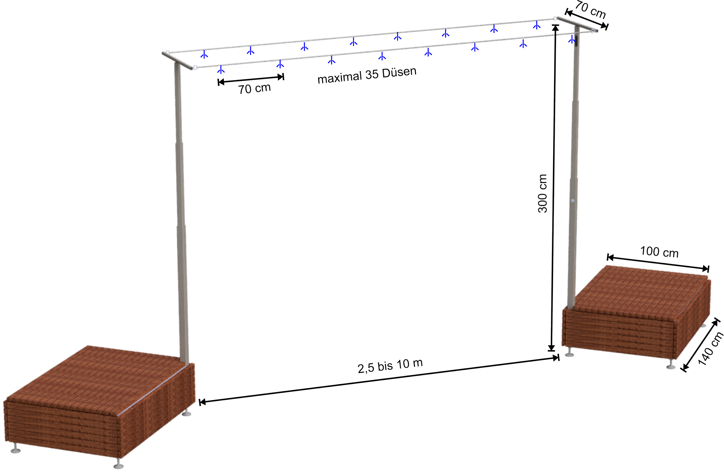Nebeldusche an einer Seilkonstruktion die zwischen zwei Sitzpodesten aufgespannt ist.  Mit Maßen und Wasserstrahlen.