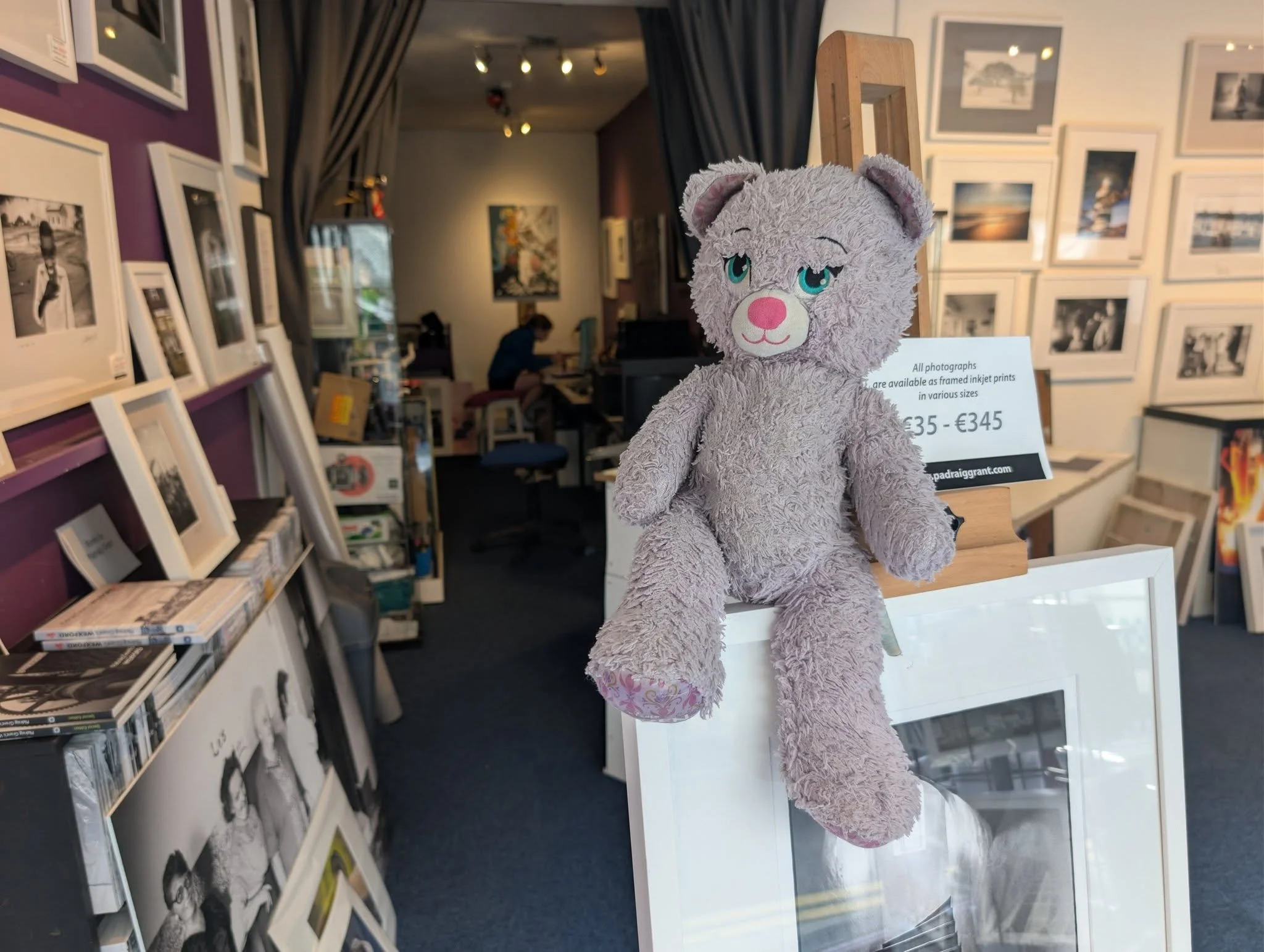I have a very special guest hanging out at my gallery this morning. The famous Purple Bear is just back from her adventures in New Zealand! (Oh, and Lottie is working away in the studio too). 😊