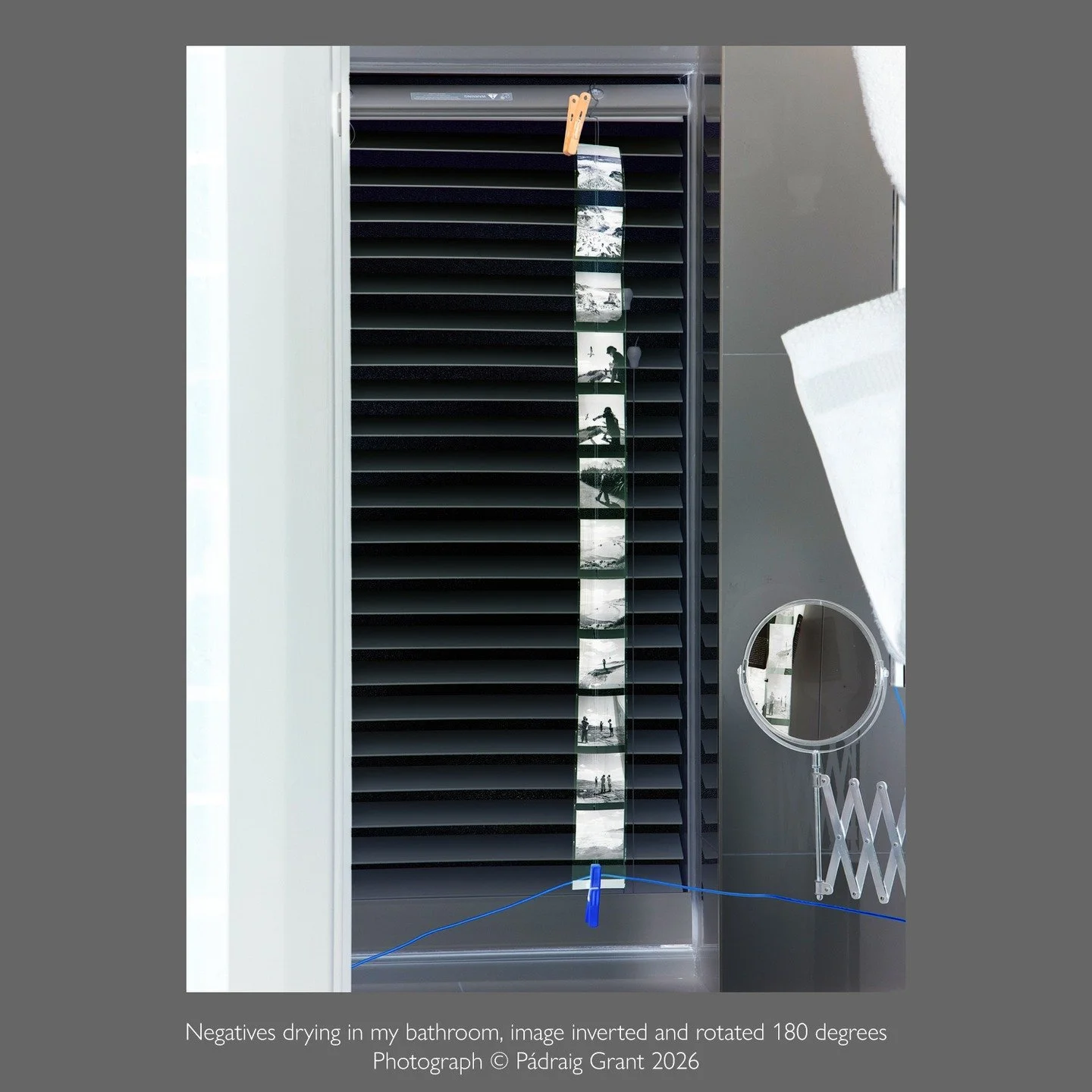 Negatives drying in my bathroom, image inverted and rotated 180 degrees....a positve within a negative. 

Do not share without credit and tag:
Photograph &copy; P&aacute;draig Grant 2026

#padraiggrantsworld