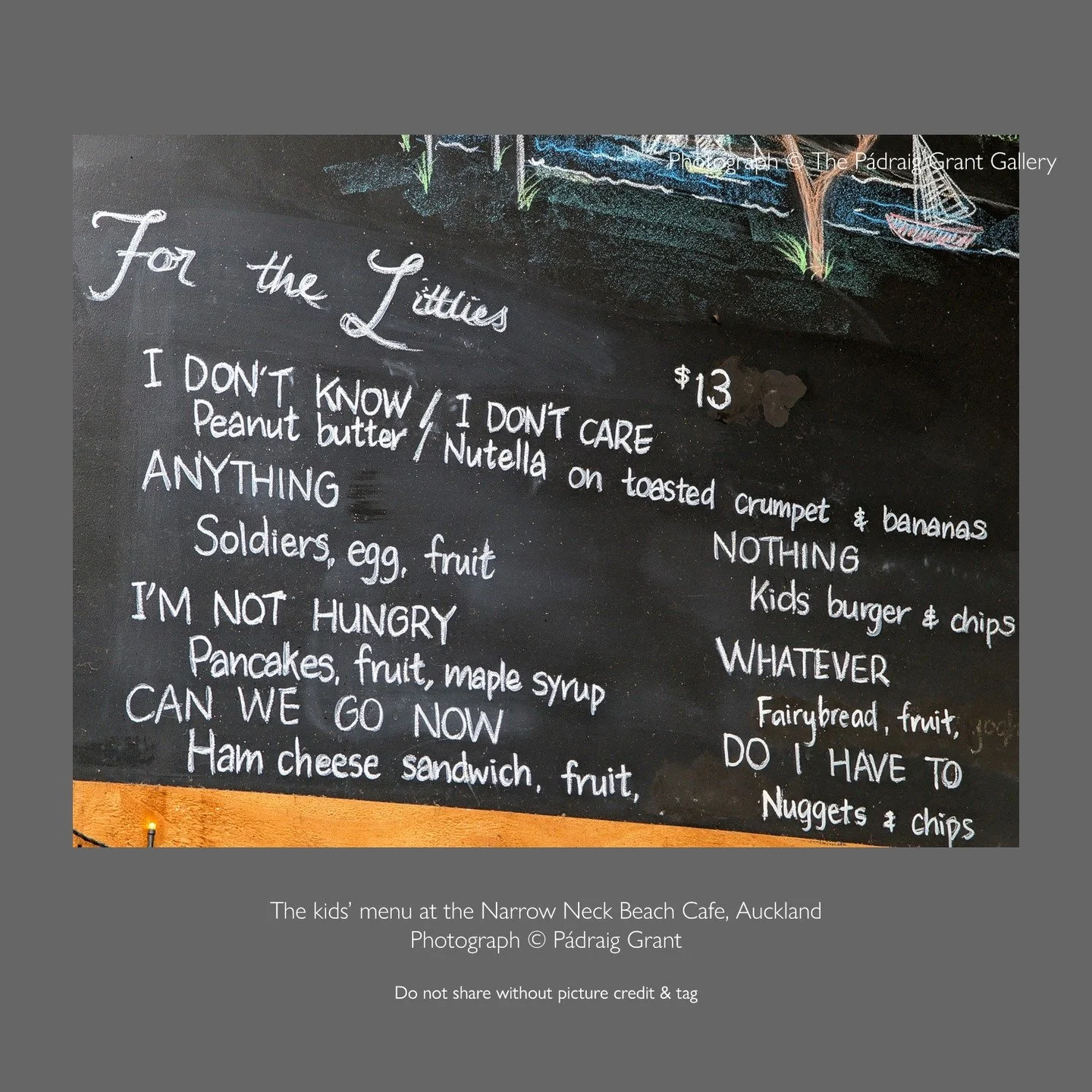I love this kids&rsquo; menu at the Narrow Neck Beach Cafe in Auckland.

Do not share without picture credit &amp; tag:
Photograph &copy; P&aacute;draig Grant
#padraiggrantsauckland