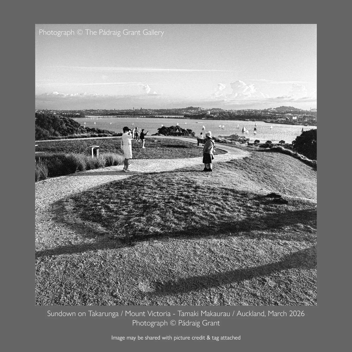 Fad&oacute; fad&oacute;, last March to be precise, as the sun was setting over Auckland Harbour I took my trusty Hasselblad for a walk up Takarunga/Mt Vic. 

Image may be shared with picture credit &amp; tag attached:
Photograph &copy; P&aacute;draig