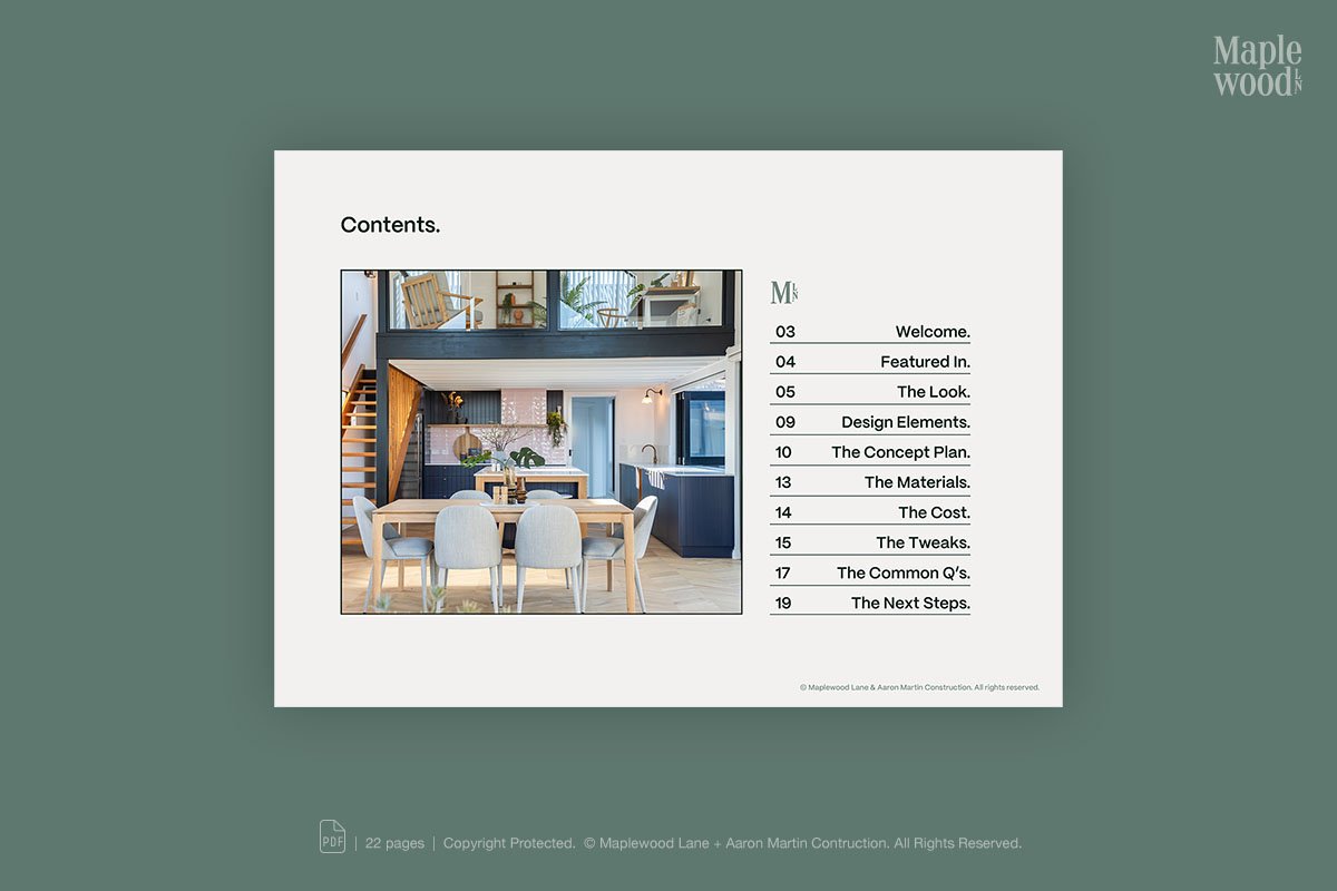 An image showing the table of contents page from Maplewood Lane's 'The Foundations Toolkit' digital product for The Modern Barn.