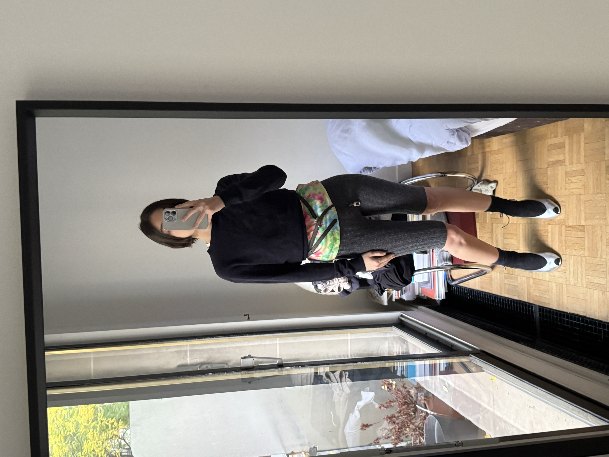 navy sweater, psychedelic Prada t-shirt with cashmere shorts and a bag belt used as a belt, actually wanted a wider one like this. I am not yet over peep toes and discovered metallics again, these ones will be a forever classic or plot twist these he