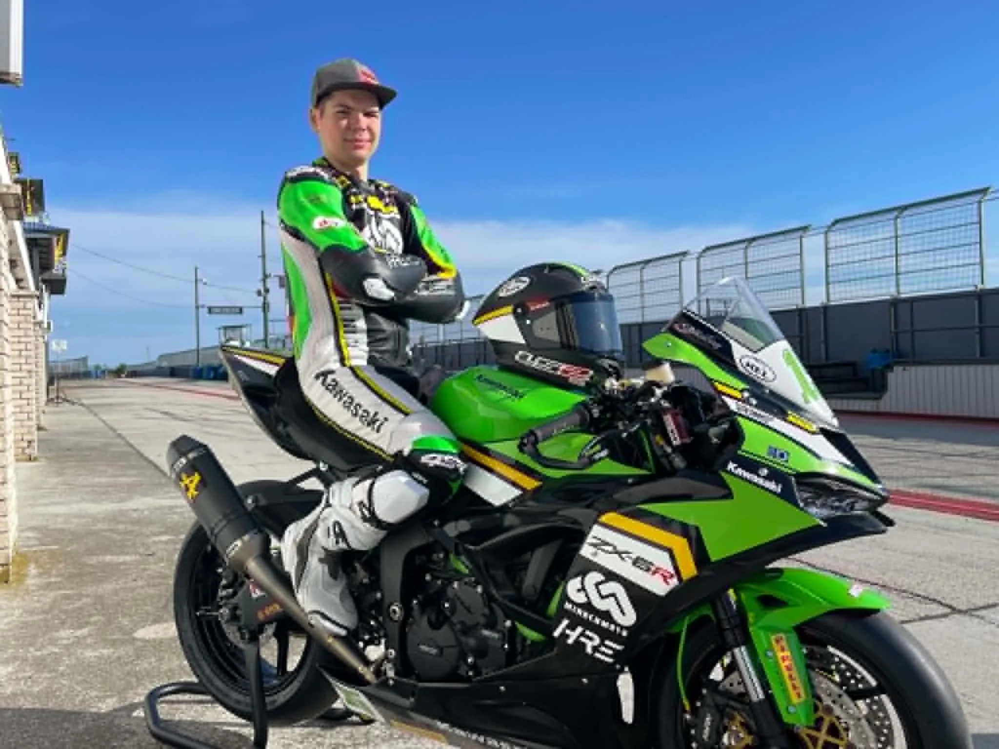 Luki Owen with his Minden Moto Kawasaki race bike in the paddock