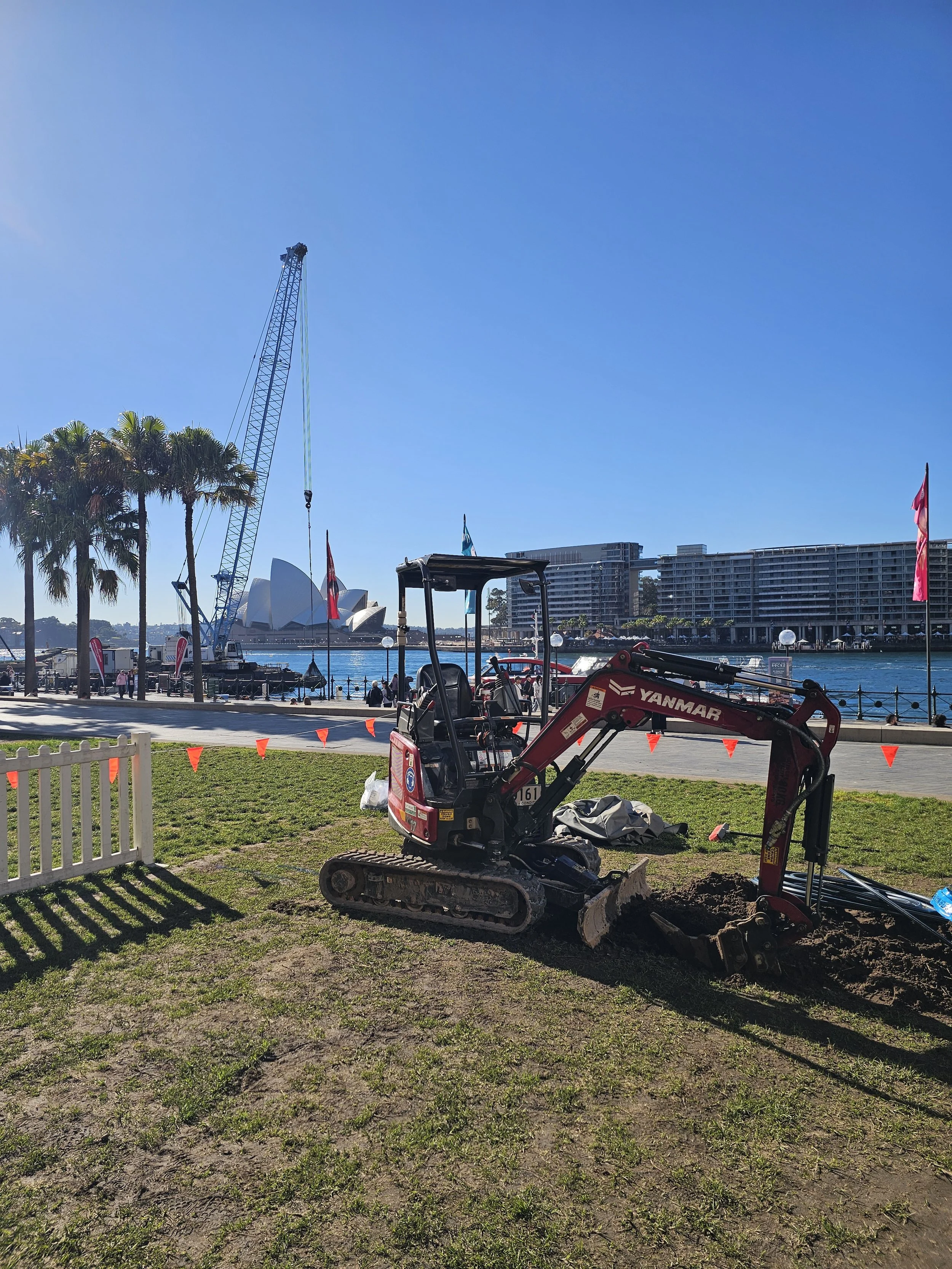 Excavation trenches prepared for underground irrigation and plumbing services.