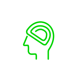 Neon green outline of a human profile with a spiral-shaped brain on a black background.