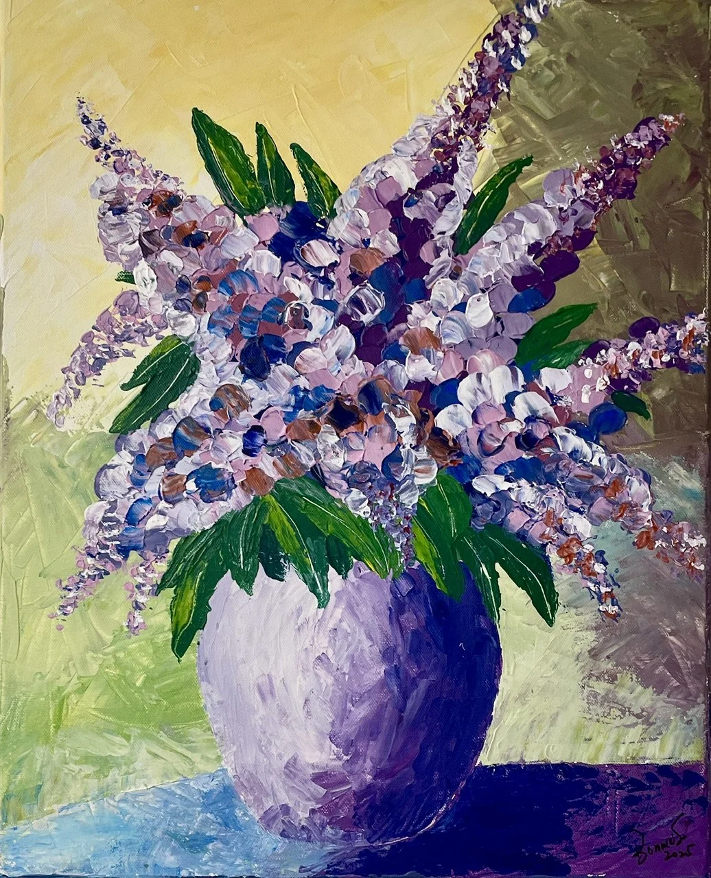  Flowers in Vase ,
Bonnie Chan 
Acrylic, 
x cm, framed  
Price: $50