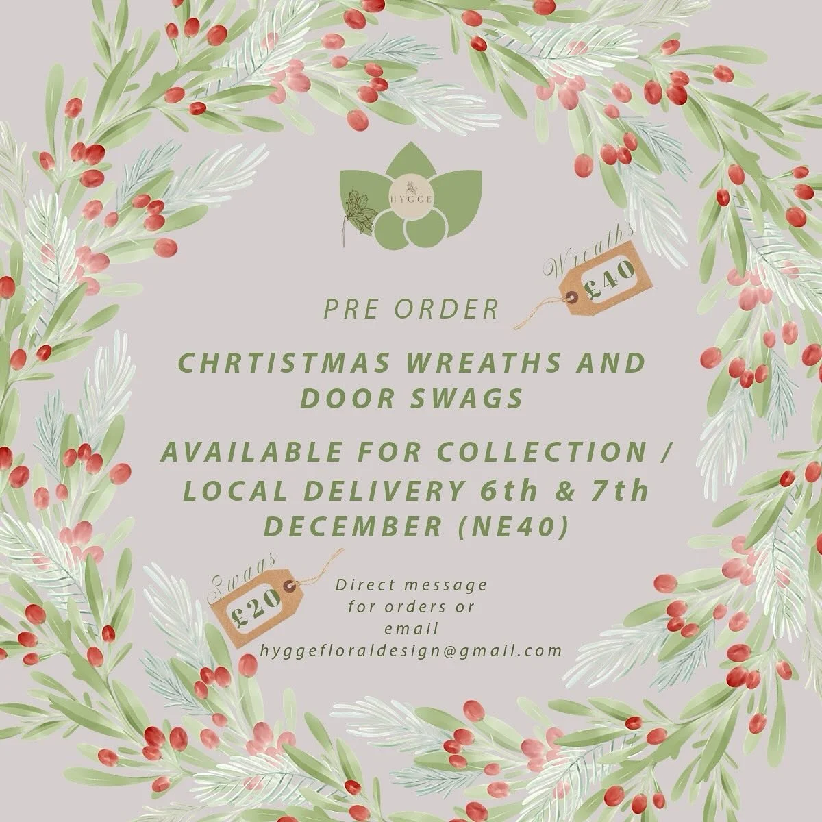 🎄Christmas Wreaths and Swags now available for pre order!🎄

🌲Wreaths &pound;40 
🌲Swags &pound;20 

Please order by 1st December for collection or delivery on 6th and 7th 🗓️ (based in Greenside, NE40) 

Message me on social media for orders, or e