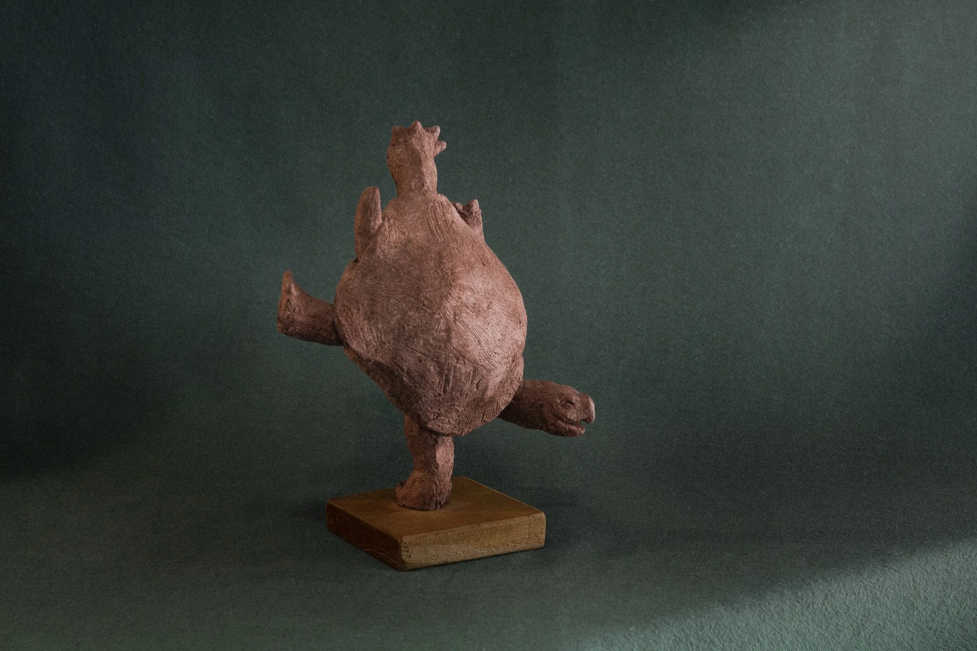 Sculpture terre. Une tortue terrestre se tient en équilibre sur une patte. Fun ! Clay sculpture. A land tortoise is balancing on one leg. Fun!