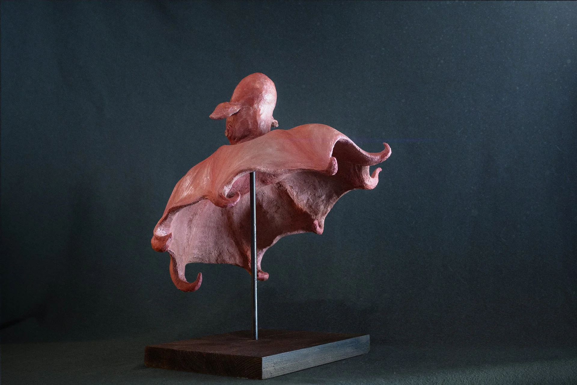 Sculpture terre. Au fond des abysses, un poulpe à oreilles nage. Clay sculpture. Deep in the abyss, a dumbo octopus swims.