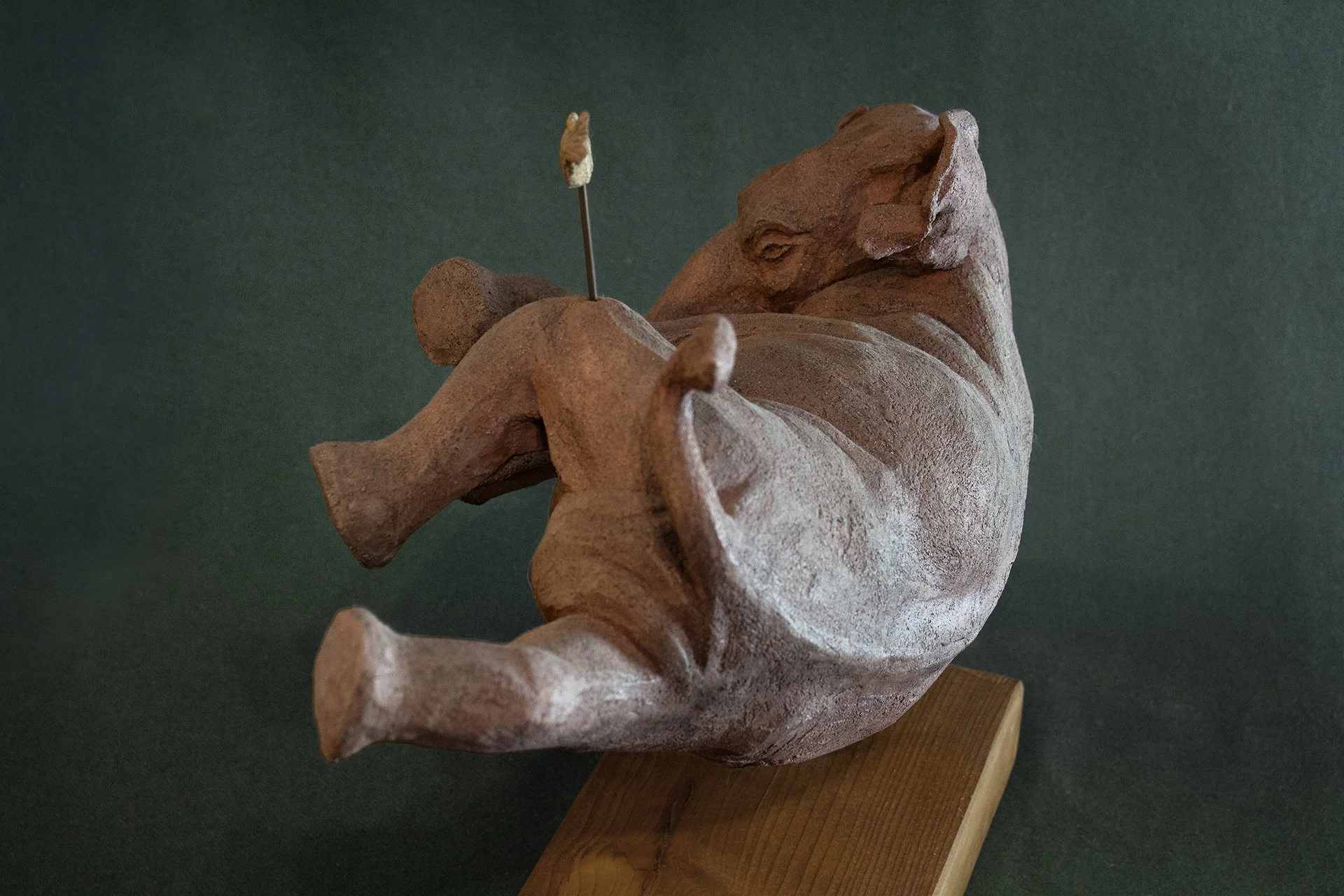 Sculpture terre. Un éléphant aquatique rencontre un poisson. Clay sculpture. An aquatic elephant meets a fish.