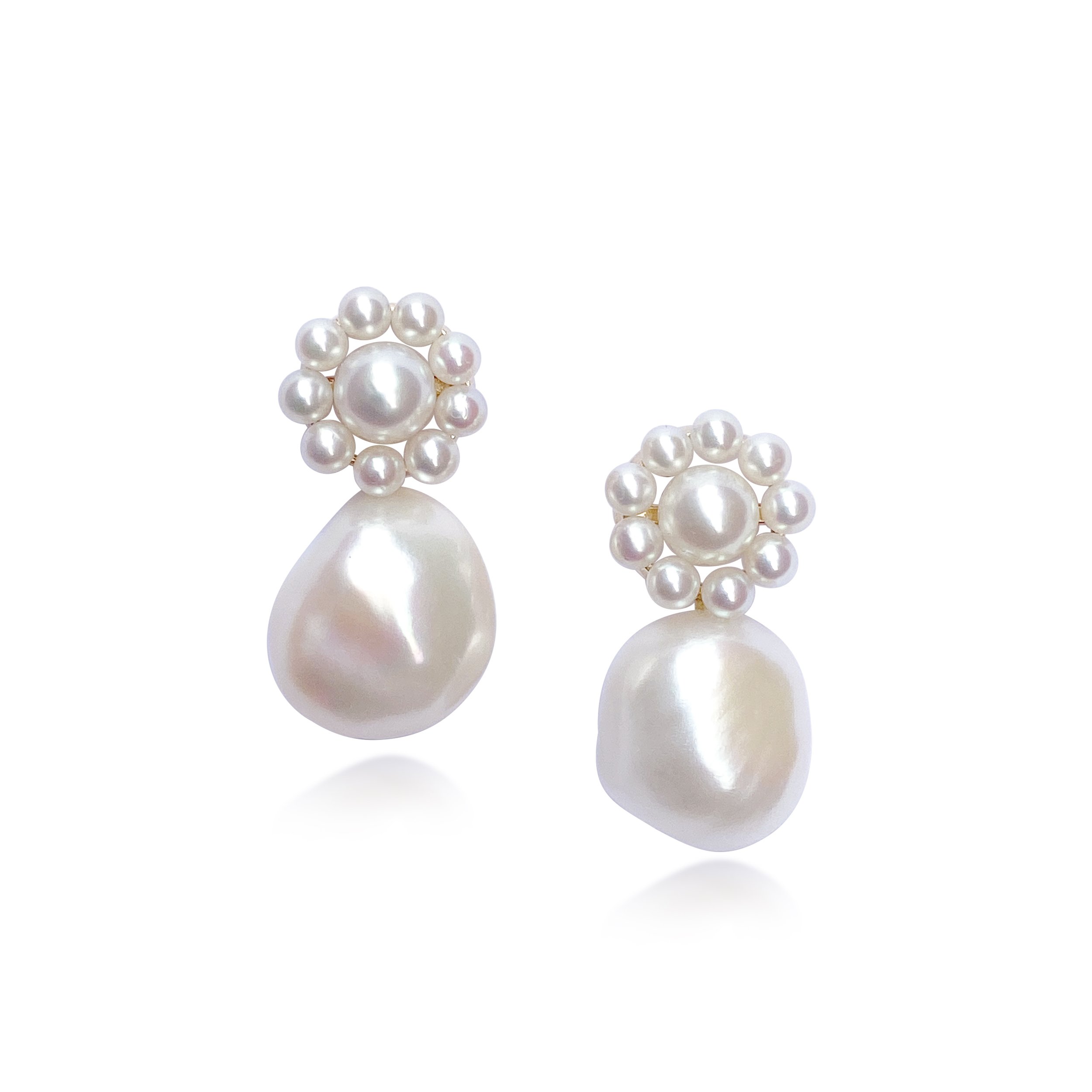 Vintage pearl cluster earrings with baroque pearl drops in a mix of 14ct and 9ct yellow gold