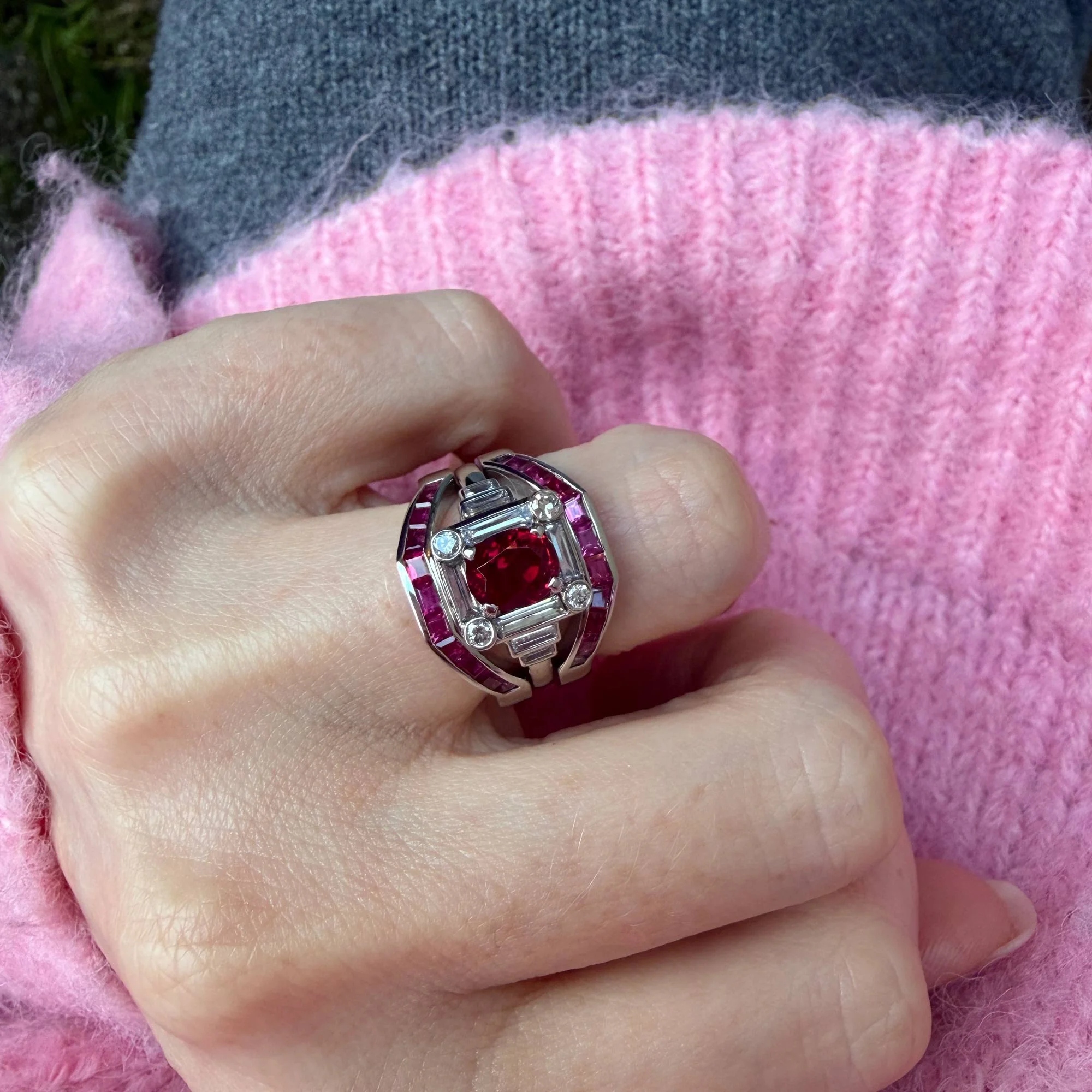 Ruby party jacket ring on hand model