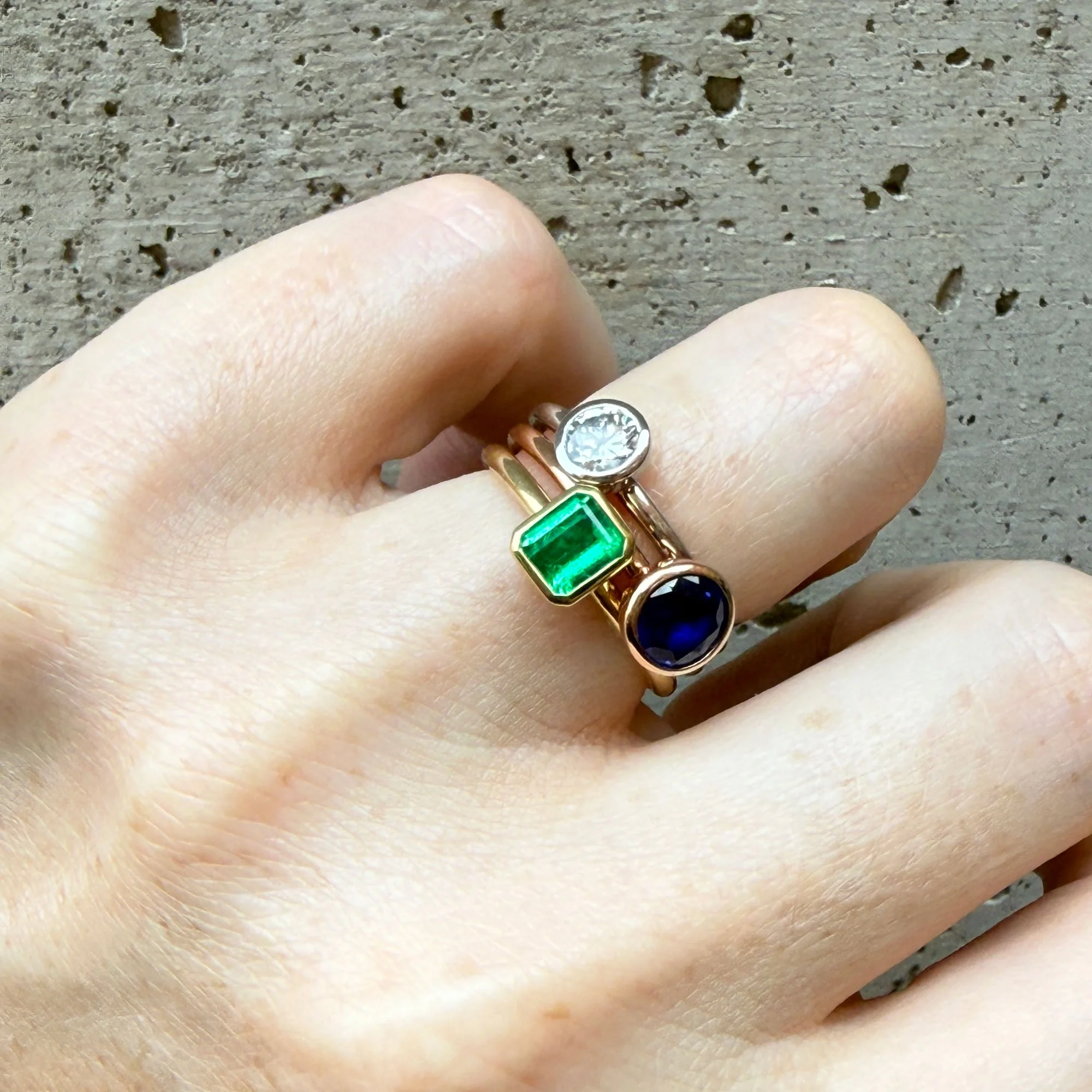 Sapphire, emerald and diamond stacking rings