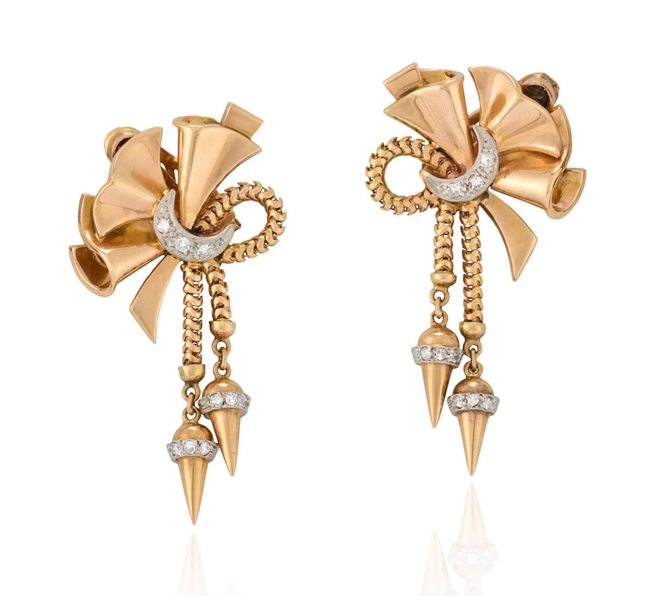 Pair of retro gold and diamond earrings