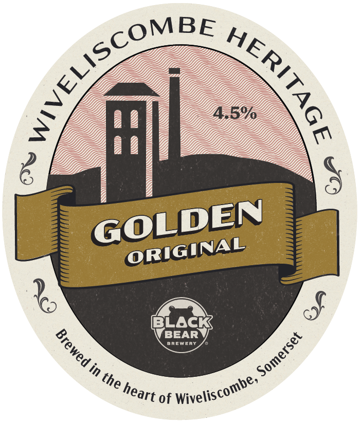 Pump clip design for Black Bear Brewery's Golden Original 4.5% ABV beer from their Wiveliscombe Heritage range.