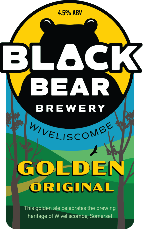 Goldihops pump clip with a yellow Black Bear Brewery logo and hill design behind beer text.