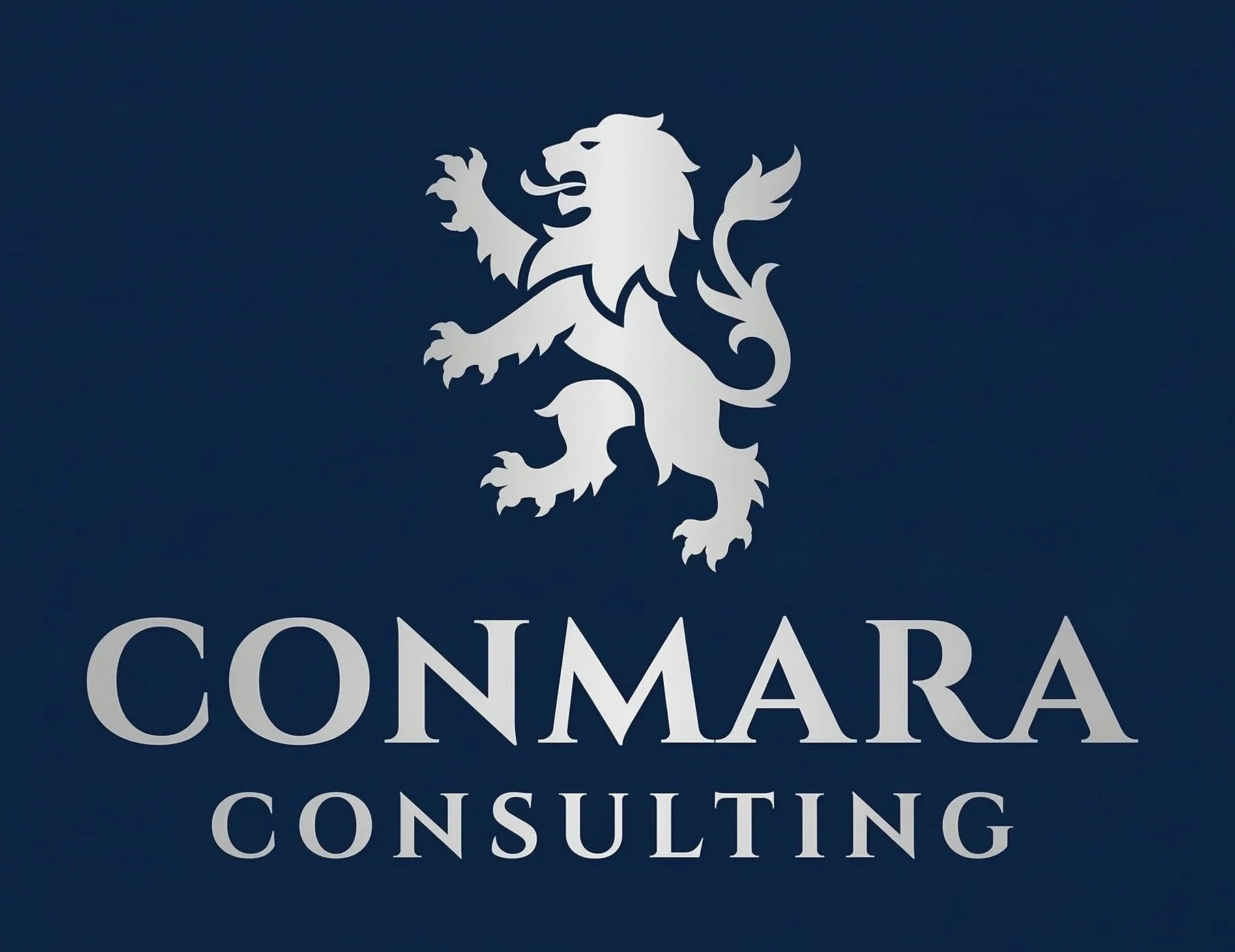 Conmara Consulting logo: a white lion crest above the company name in white letters on a dark blue background.
