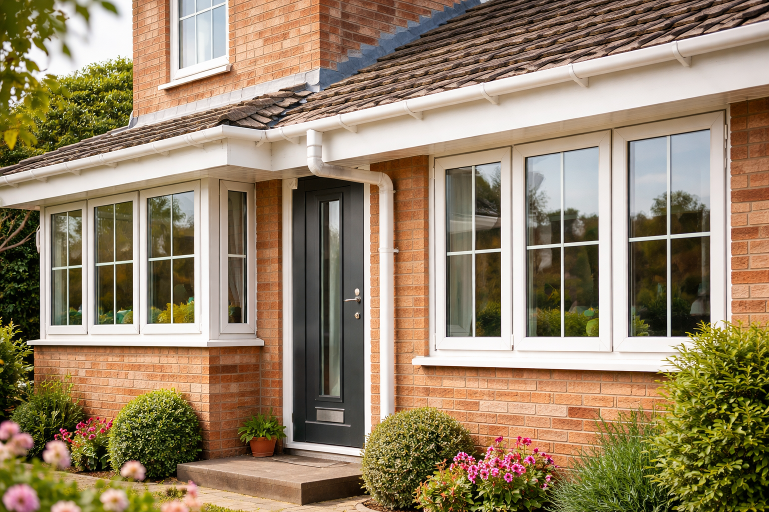 Modern brick home with white double glazed windows, grey composite front door and uPVC guttering in Buckinghamshire