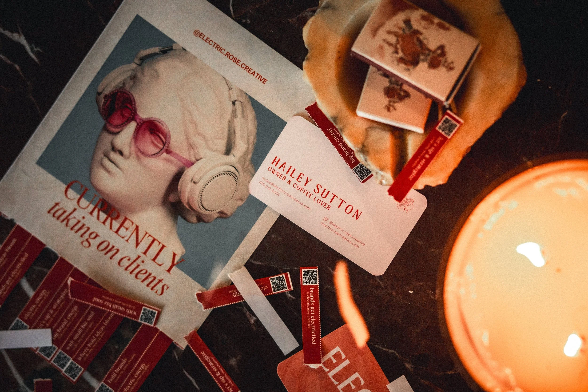 Electric Rose business material flatlay of paper items - based in Nashville, TN
