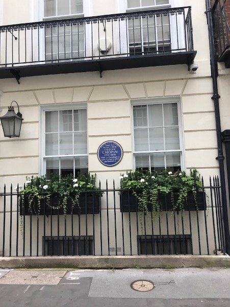 House opposite Mrs Delany’s in St. James’s Place – where Chopin lived. The blue plaque says: From this house in 1848 Frederic Chopin 1810-1849 went to Guildhall to give his last public performance